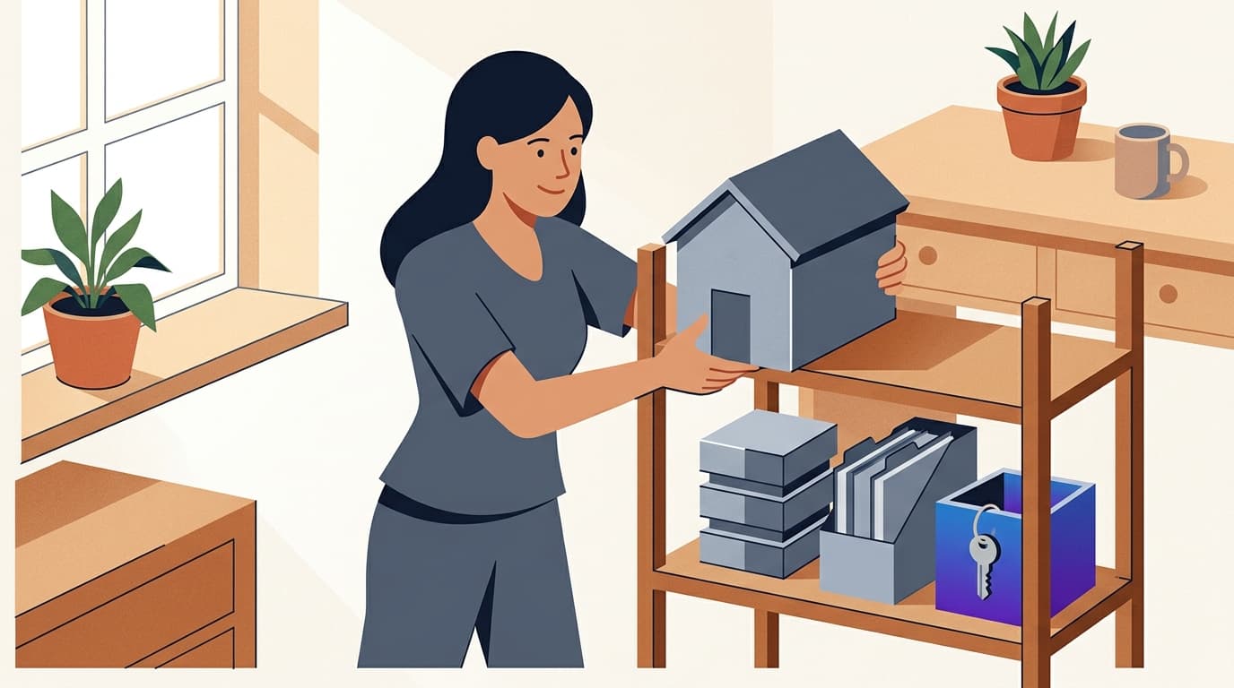 A system administrator places a small house-shaped server on a shelf, next to separate boxes for the database, the files and a key.