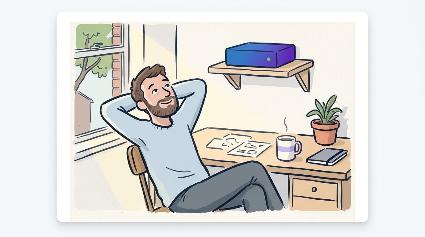 A system administrator leaning back with quiet relief, looking up at a server box on the shelf with a blue-violet gradient and a green indicator dot while afternoon light comes through the window