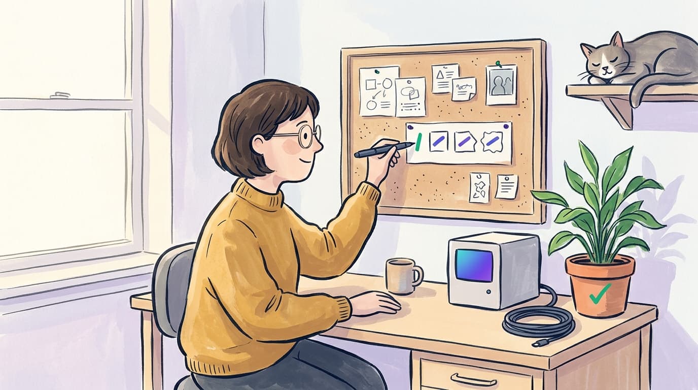 A system administrator ticks items on an abstract checklist pinned above a desk with a small server and a plant, morning light, gouache illustration