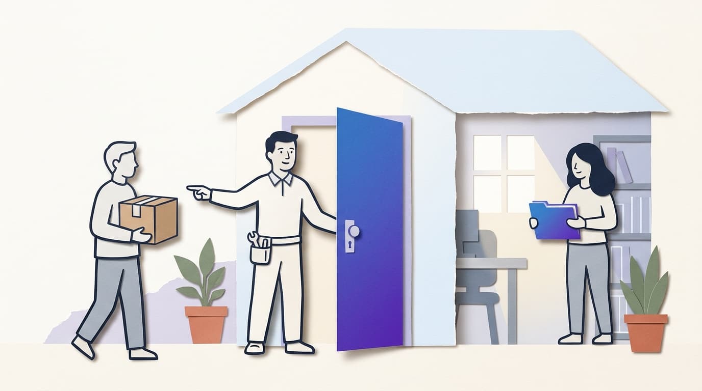A cut-paper collage illustration: a friendly doorkeeper at the front door of a small house holds the door open for a visitor, pointing to an inner room where someone waits with a file; clean morning light.