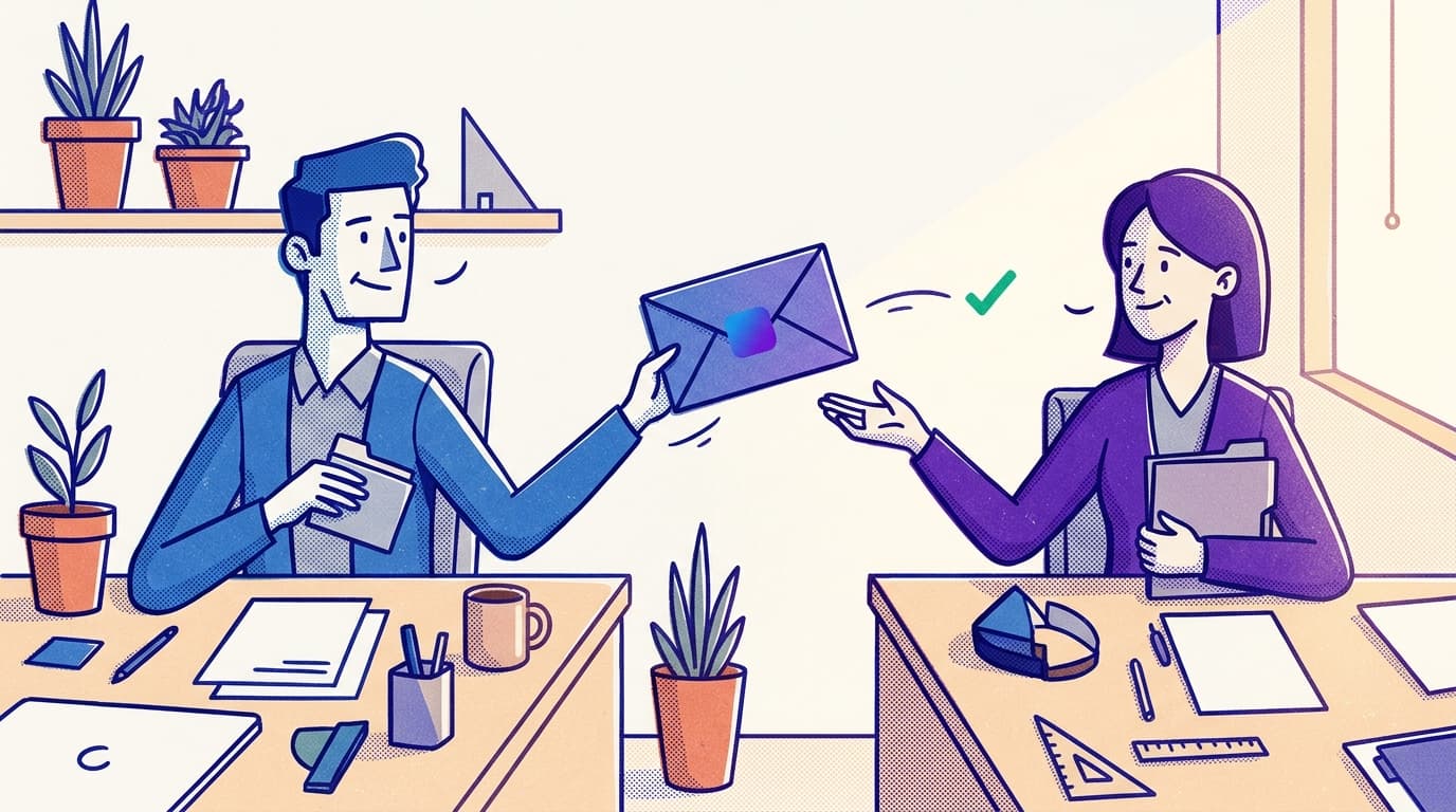 Two people in a Risograph-style illustration pass a blue-violet file across a shared workspace, automation connecting them