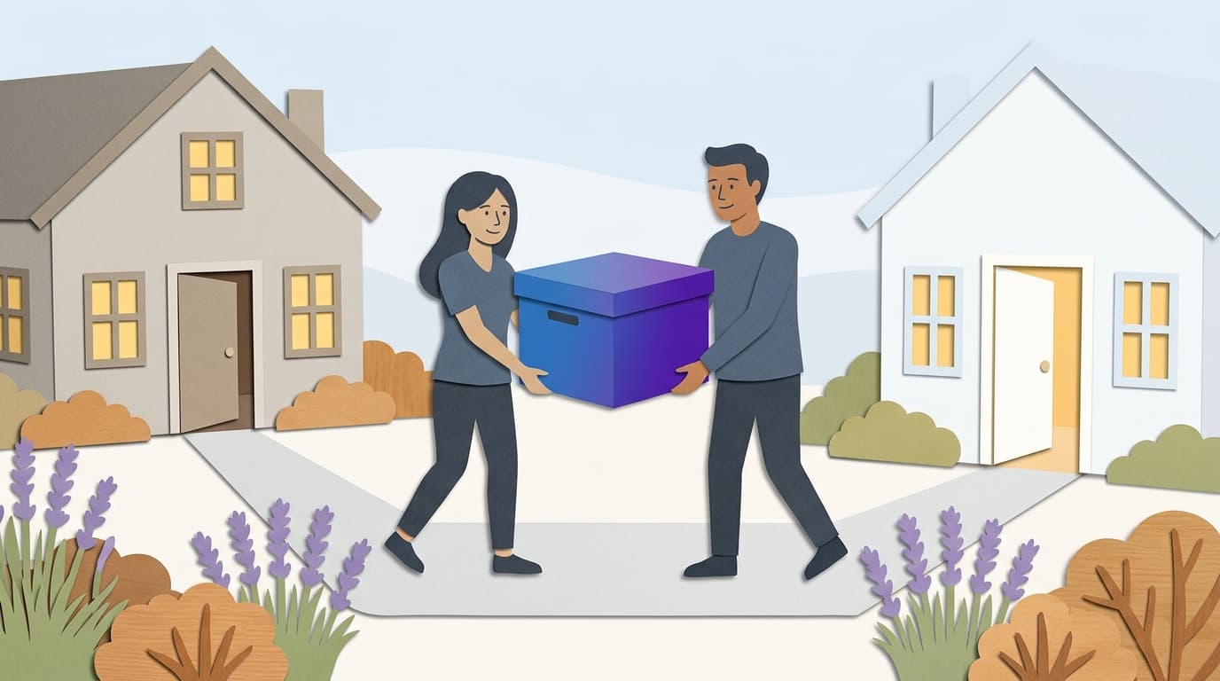 Two people carry a moving box along a garden path from an older house to a new one next door, while the old house stays lit behind them.