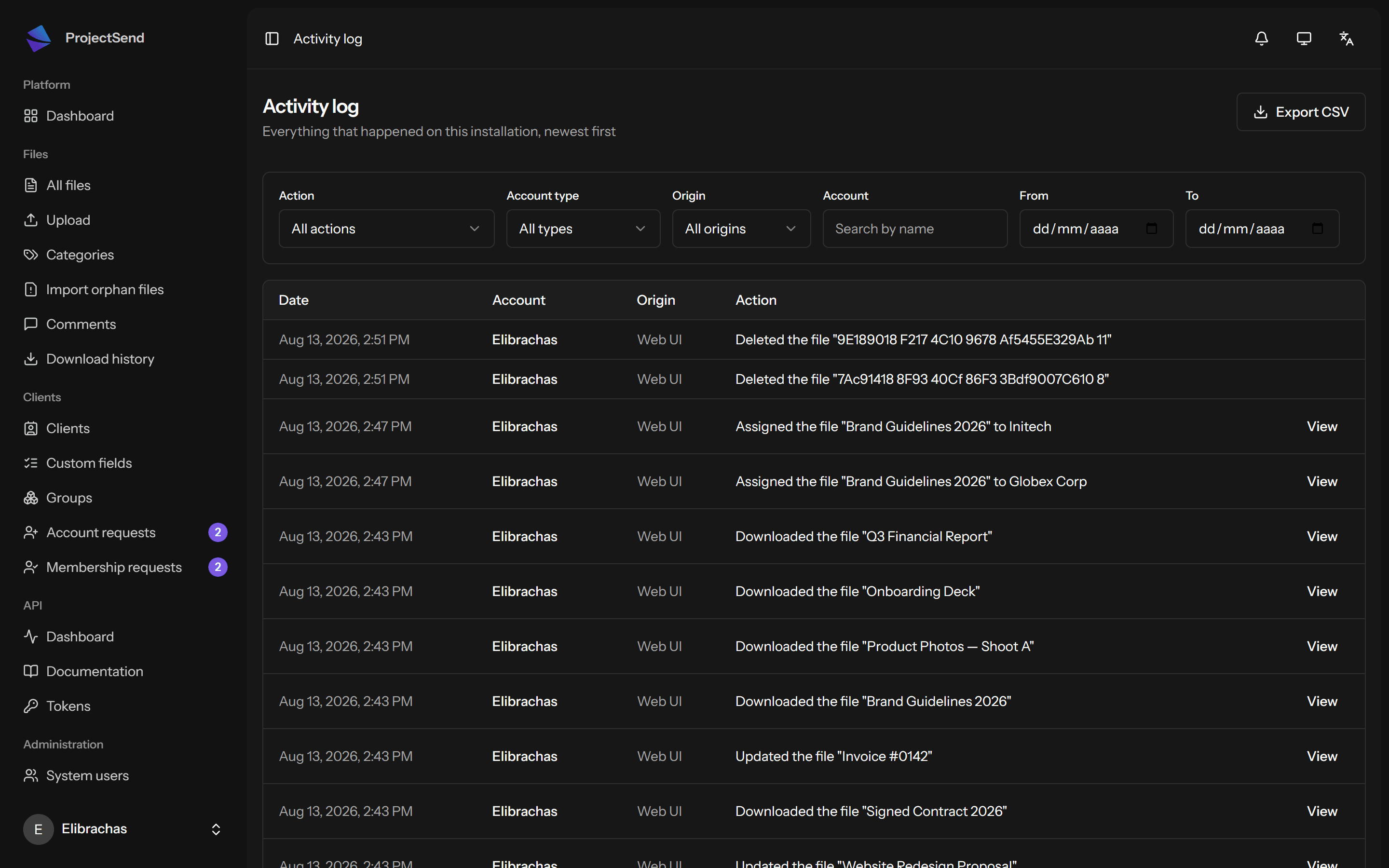 ProjectSend activity log listing file assignments and updates with filters and CSV export