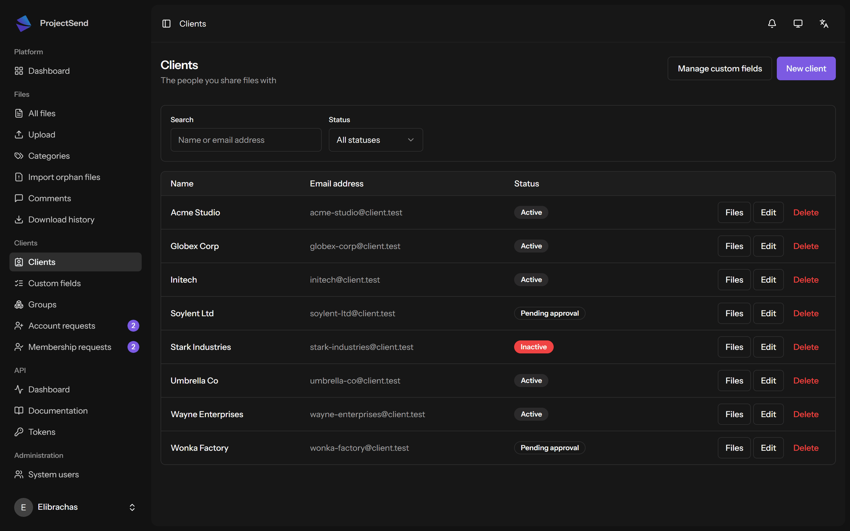 ProjectSend clients list with active, pending approval and inactive statuses