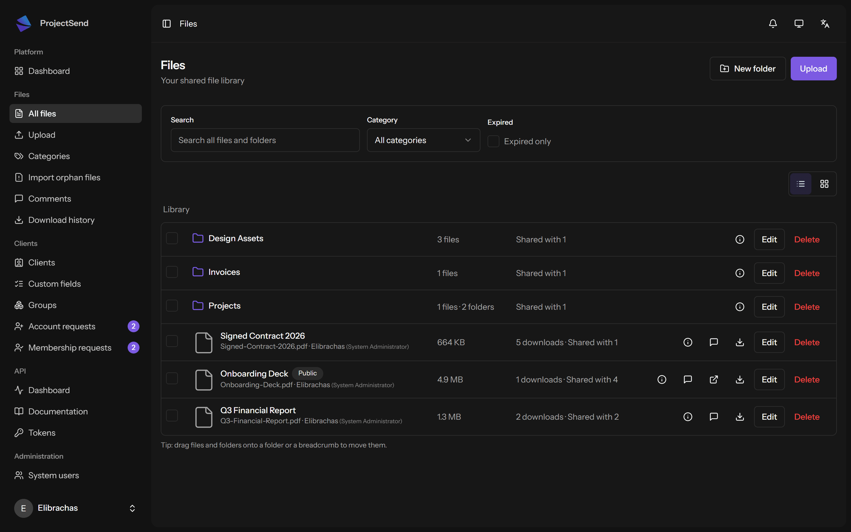 ProjectSend file library with folders for design assets, invoices and projects, plus files with sizes and sharing status