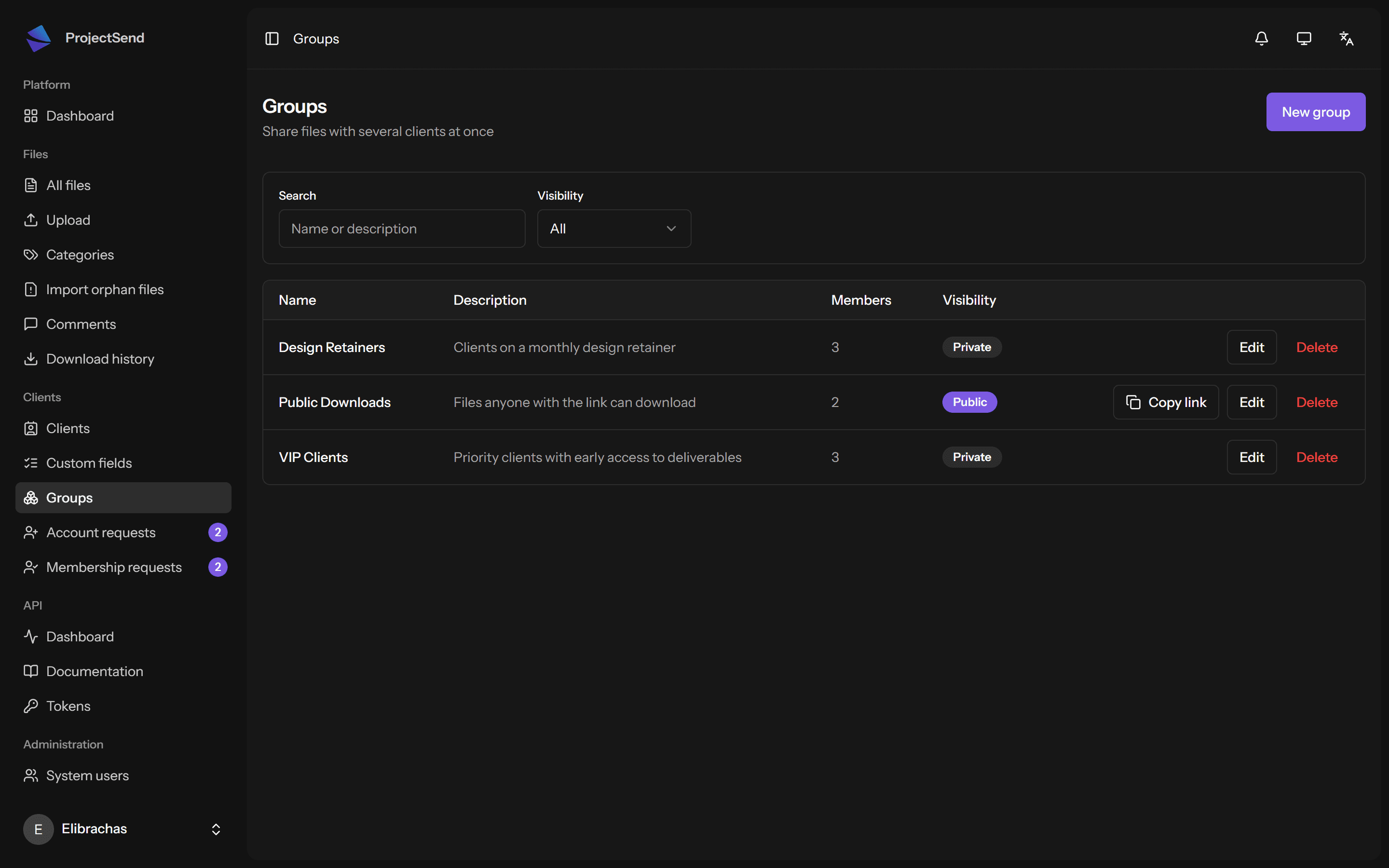 ProjectSend groups list with private and public groups