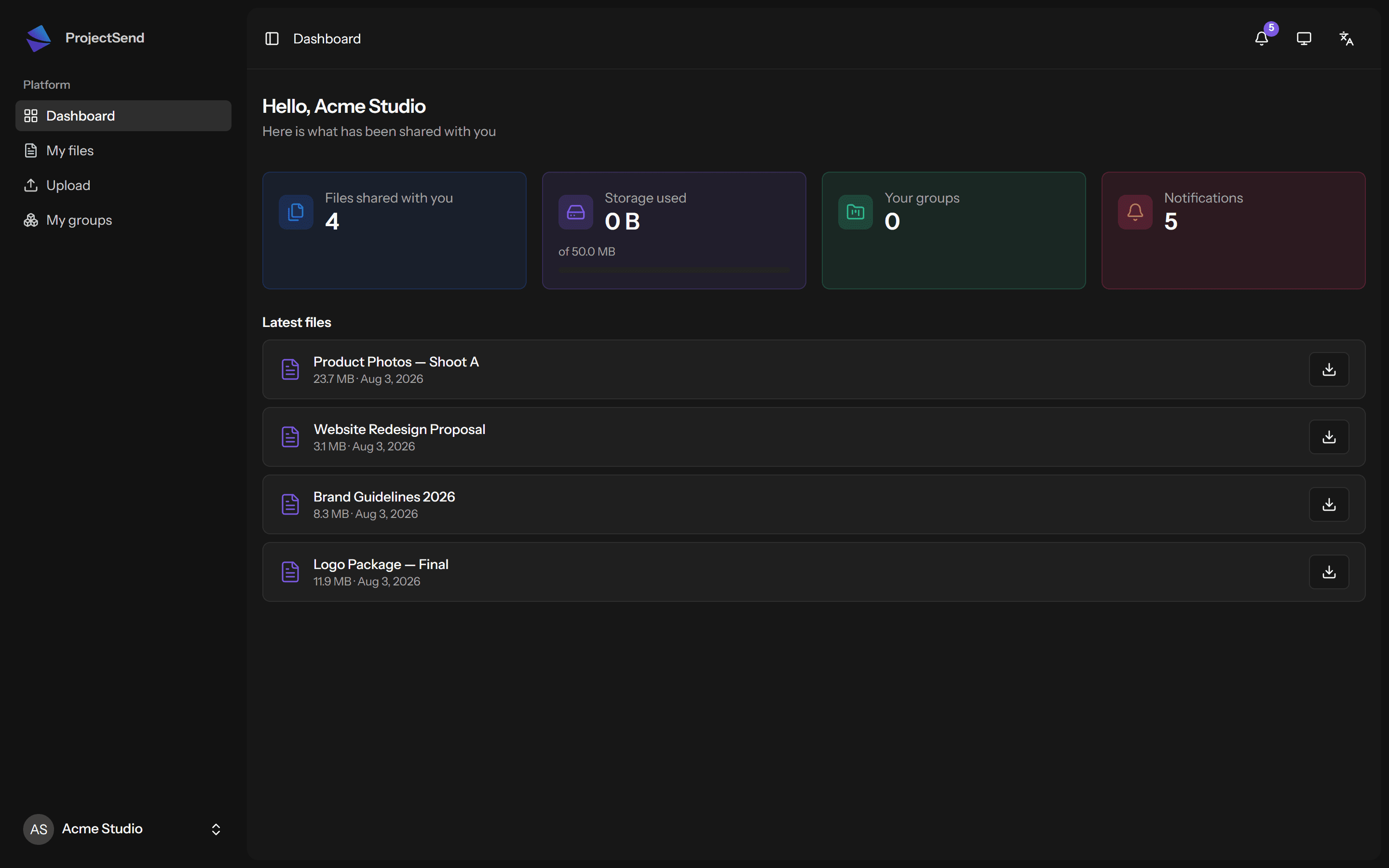 ProjectSend client portal showing the files shared with one client, ready to download