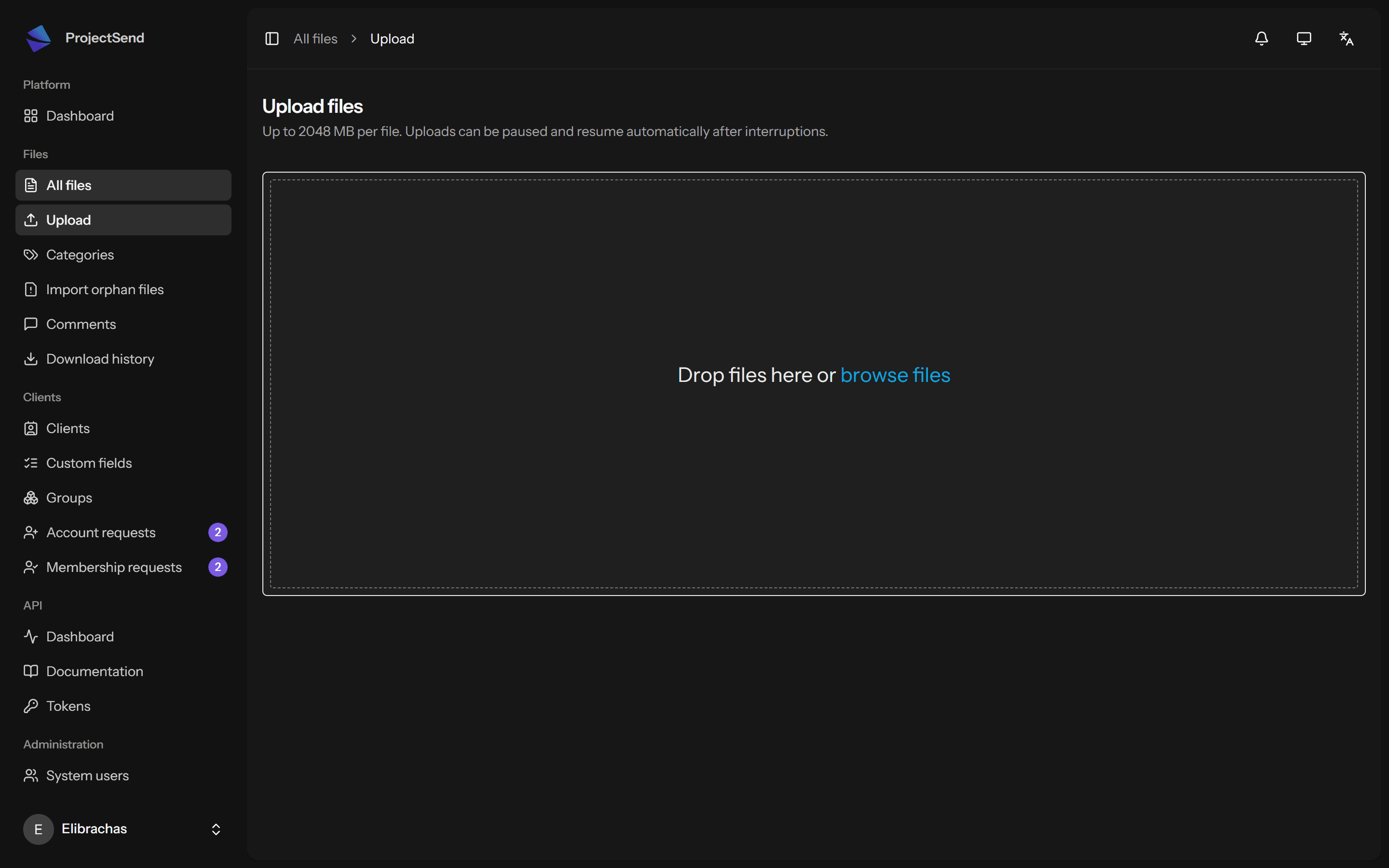 ProjectSend upload screen with a drop area, stating a 2048 MB limit per file and that uploads resume after interruptions