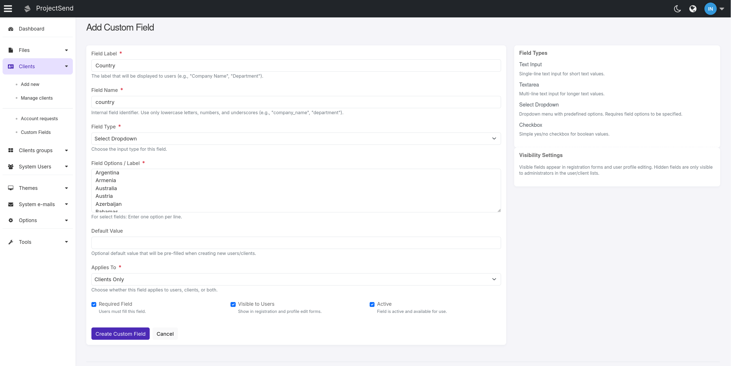 Custom Fields Management Interface